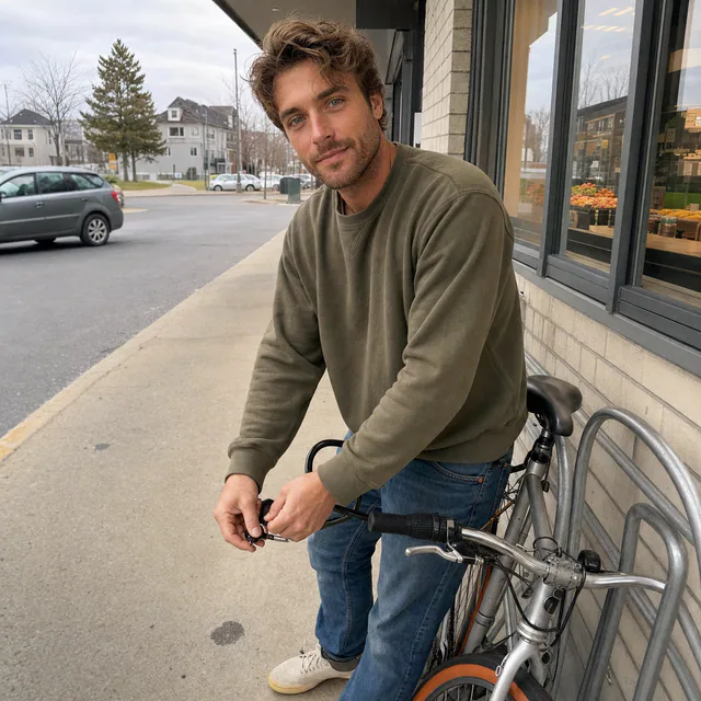 Everyday photo of a white man unlocking a bicycle outside a grocery store