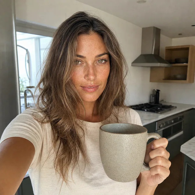 Everyday kitchen selfie of a white woman holding coffee
