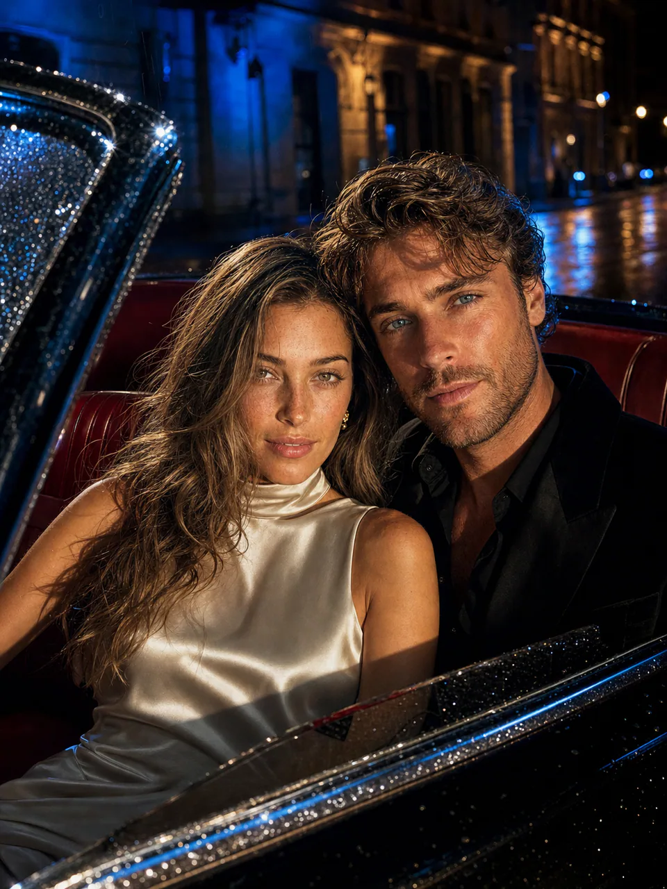 Cinematic result of the same white couple in a convertible on a rainy night