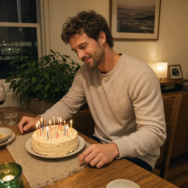 Everyday photo of a white man looking down at his birthday cake at home