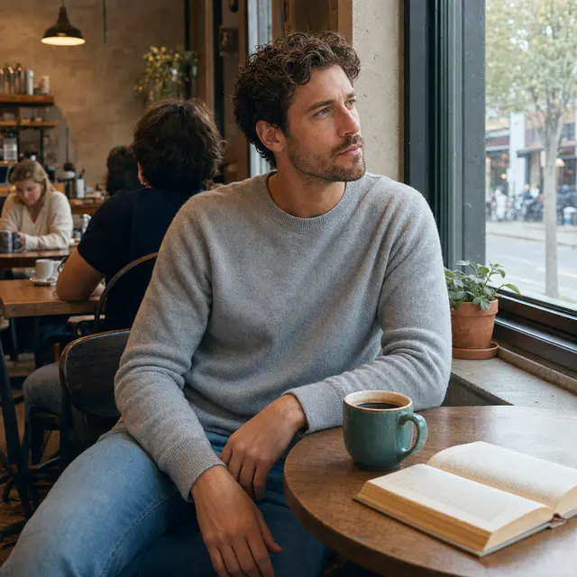 Everyday candid photo of a white man looking out from a neighborhood café