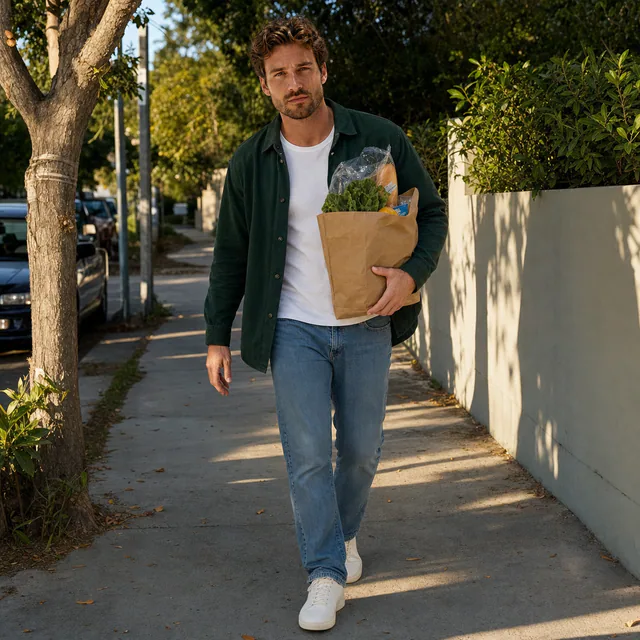 Everyday photo of a white man walking home with groceries