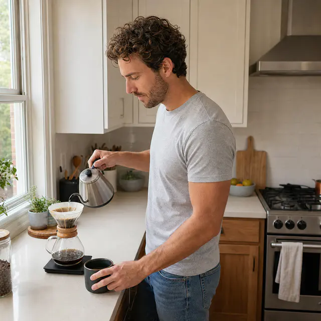 Everyday side-view photo of a white man making coffee in his kitchen